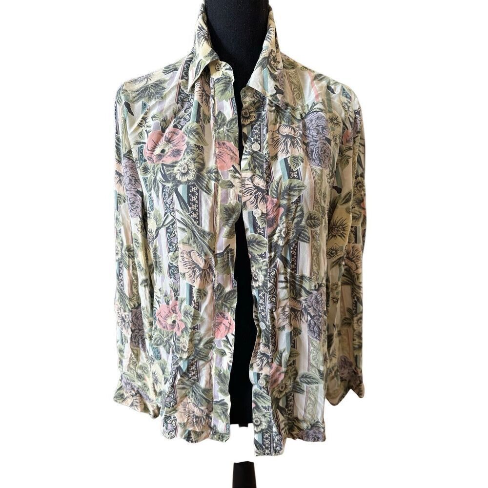 Casual Corner Floral Button-Down Blouse Size 10 – Lightweight Cream Multi Floral